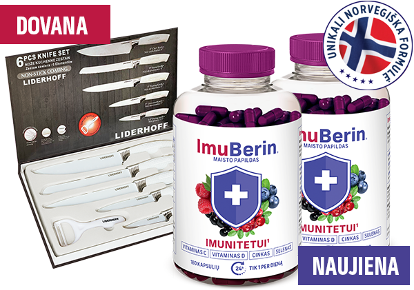 Natural Pharmaceuticals ImuBerin Dvi pakuotės maisto papildo ImuBerin, parodytos šalia šešių Liderhoff virtuvės peilių rinkinio, kaip dovana. Viršuje yra logotipas su Norvegijos vėliava ir užrašas „Unikali norvegiška formulė”. Apačioje maisto papildo etiketėje pabrėžtas imunitetą stiprinantis poveikis.